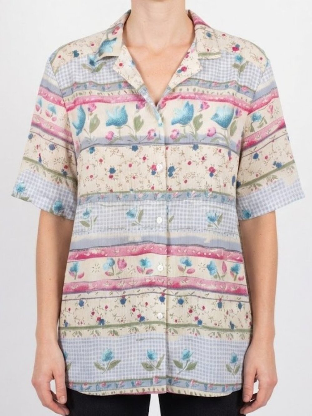 Vintage Granny Floral Stripe Print Button-Down Shirt